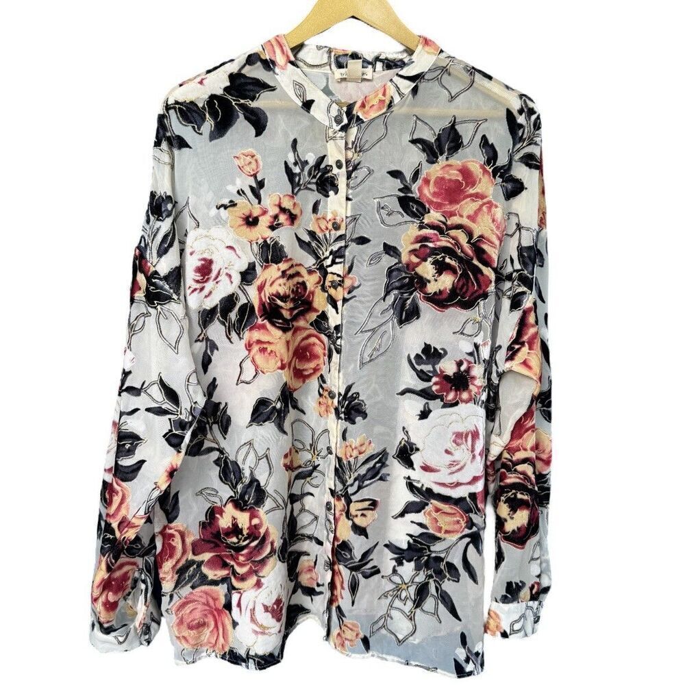 Tribal Velvet Burnout Floral Button Up Shirt Size L Cottage Whimsical Fairy Boho